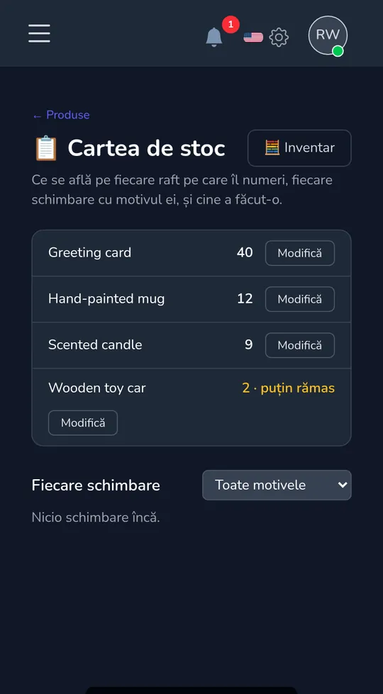 Cartea de stoc pe un telefon: patru produse cu cantitățile lor, una marcată "puține rămase".