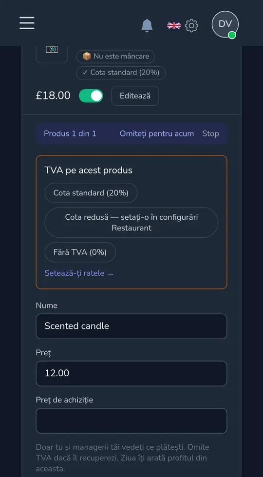 Un produs pe un telefon care întreabă „Impozit pe vânzări pe acest produs" cu standard, redus și fără impozit pe vânzări.