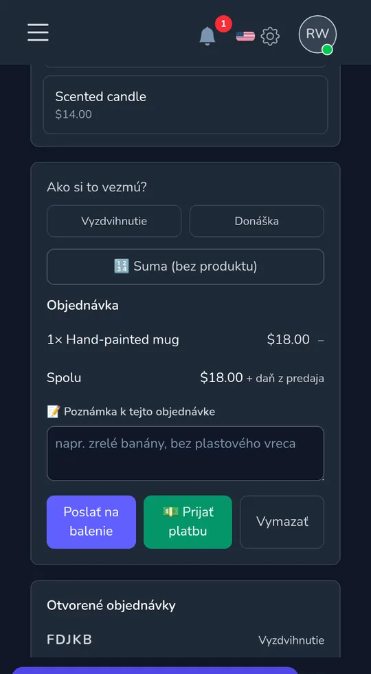 Pokladňa na telefóne: jeden ručne maľovaný hrnček, suma a tlačidlá na zabalenie alebo platbu teraz.
