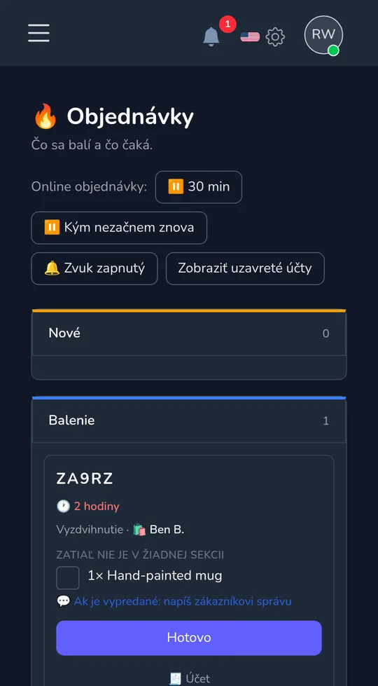 Tabuľa objednávok na telefóne: nová objednávka na preberanie od zákazníka s tlačidlom „Začať baľacuť".