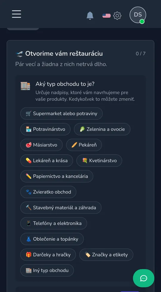 Výber typu obchodu na telefóne: potraviny, rohový obchod, kvetinárstvo, darčeky a hračky a ďalšie.