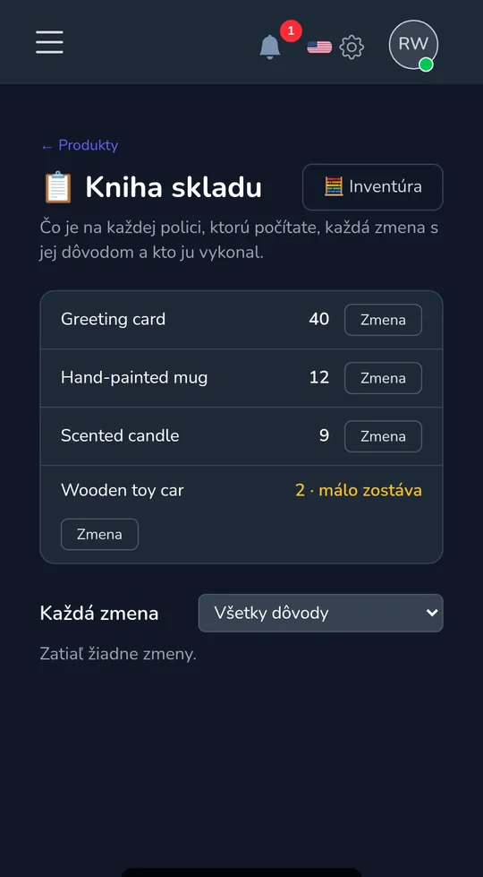 Skladová kniha na telefóne: štyri produkty s ich počtami, jeden označený "zostáva málo".