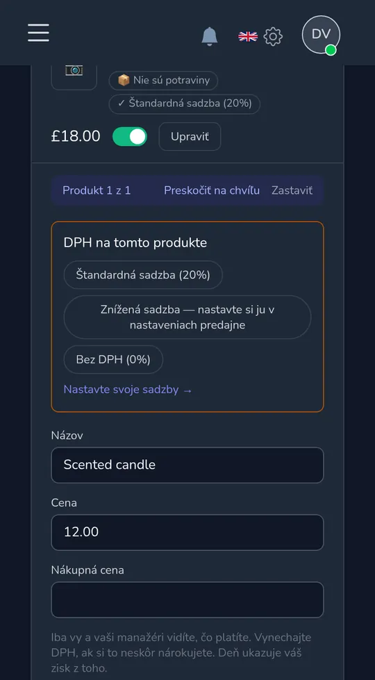 Produkt na telefóne s otázkou „Daň z predaja na tomto produkte" so štandardnou, zníženou a bez dane z predaja.