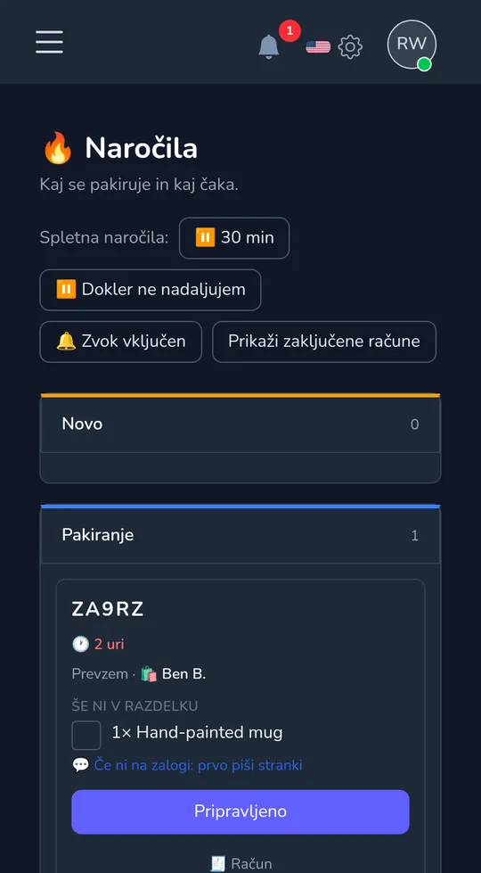 Plošča naročil na telefonu: novo naročilo prevzema od kupca, z "Začni pakirati".