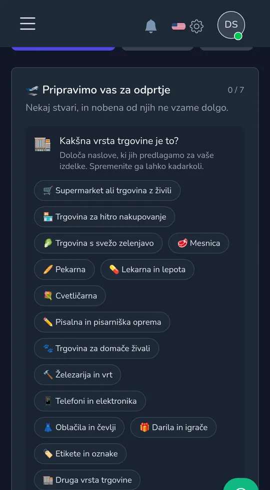 Izbira vrste trgovine na telefonu: živilska, prodajalna ob vogalu, cvetličarna, darila in igrače in drugo.