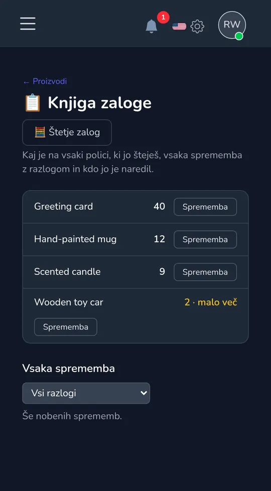 Knjiga zalog na telefonu: štiri proizvodi z njihovim številom, eden označen s "malo jih je ostalo".