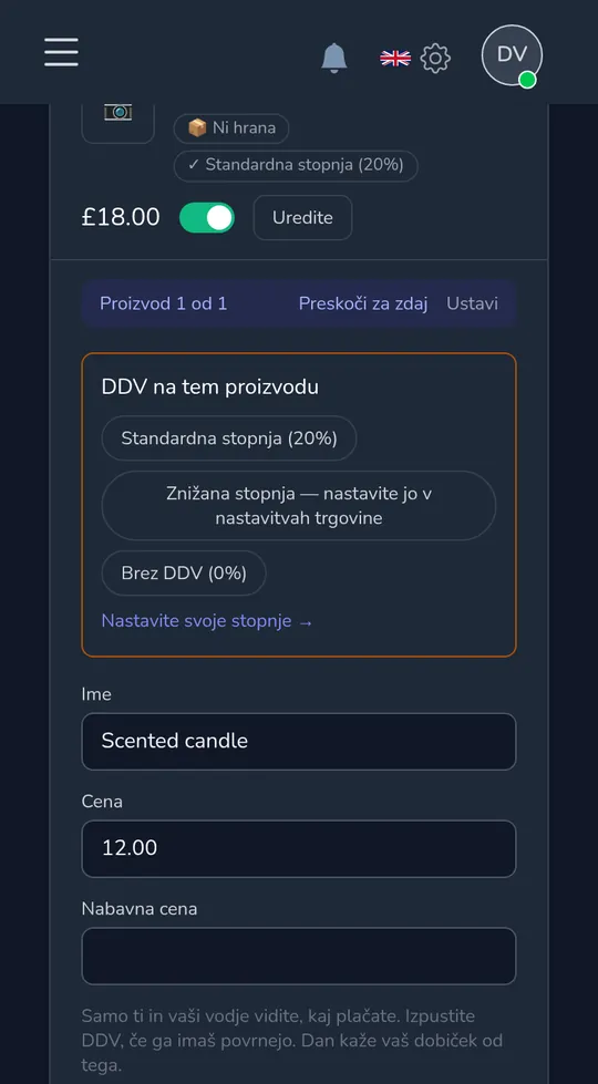 Proizvod na telefonu, ki sprašuje "Davek na prodajo na tem proizvodu" s standardno, znižano in brez davka na prodajo.
