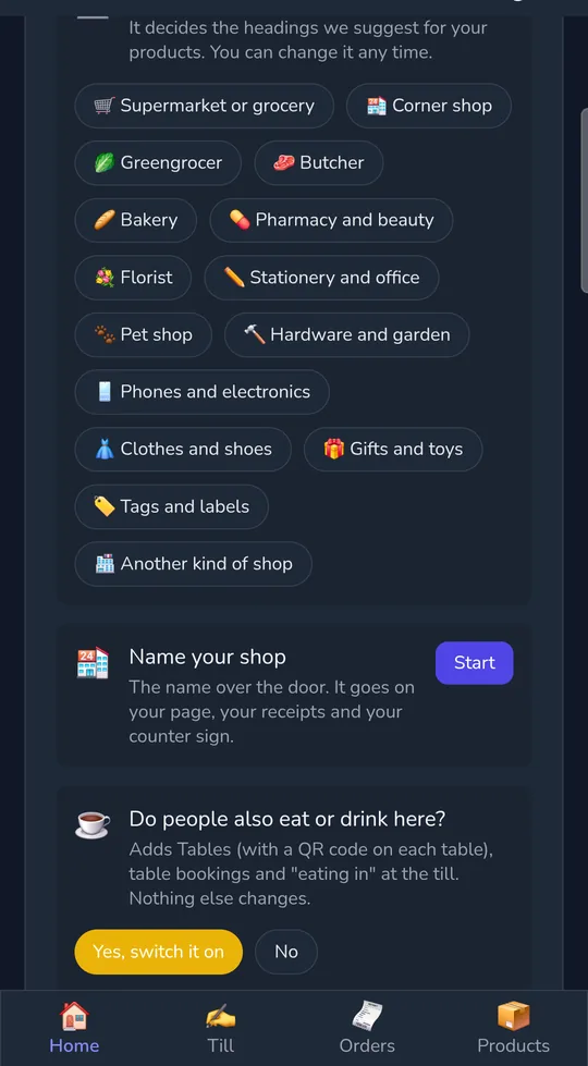 Choosing the kind of shop on a phone: grocery, corner shop, florist, gifts and toys and more.