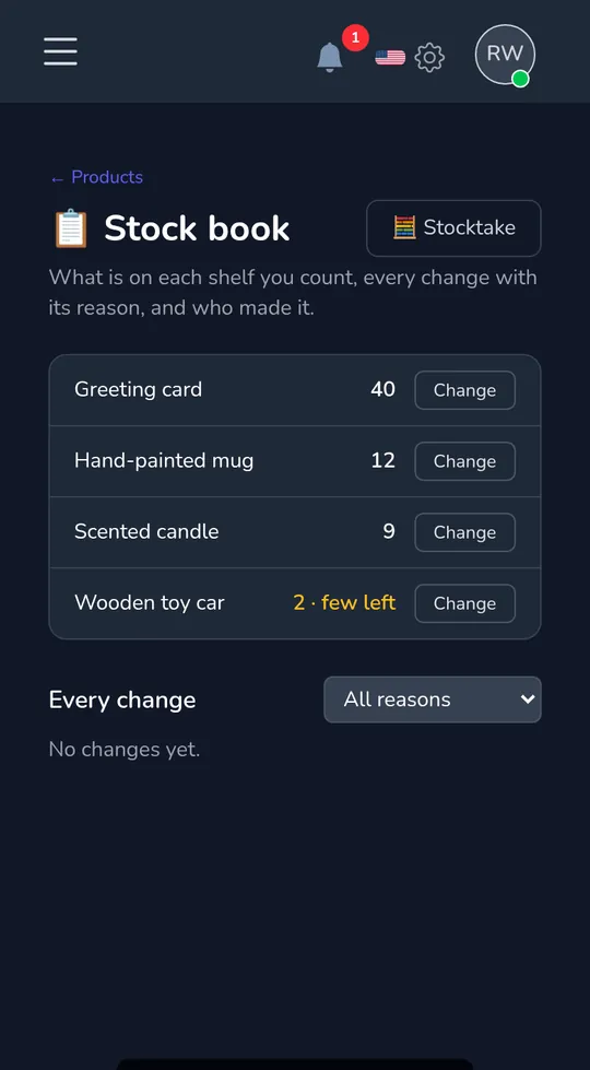 The stock book on a phone: four products with their counts, one marked "few left".