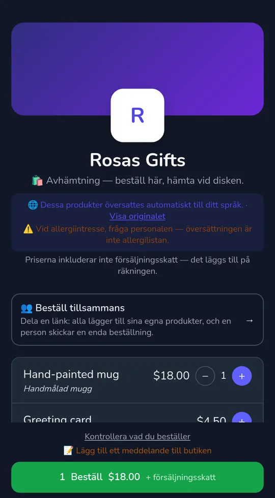 En kunds varukorg på en butikssida: en mugg för $18.00 och knappen "Skicka beställning", med "+ försäljningsskatt" bredvid totalen.