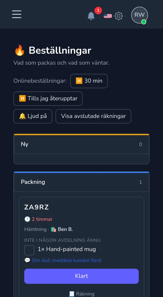 Beställningstavlan på en telefon: en ny hämtningsbeställning från en kund, med "Börja packa".