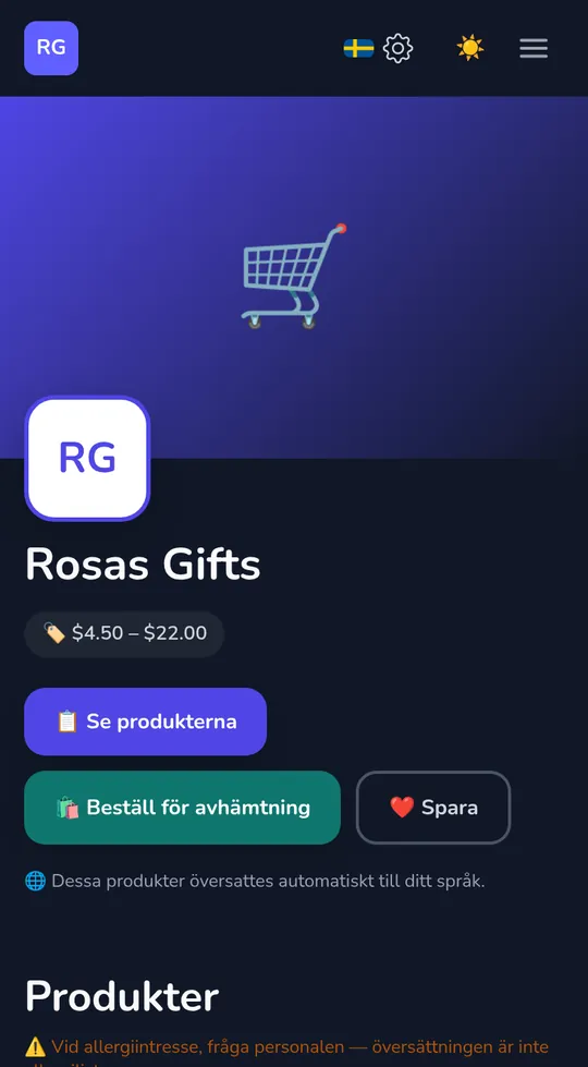En butiks egen sida på en telefon: butikens namn, "Beställ för hämtning" och dess produkter.