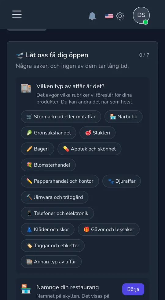 Att välja butiktyp på en telefon: livsmedel, närbutik, blomsteraffär, presenter och leksaker och mycket mer.