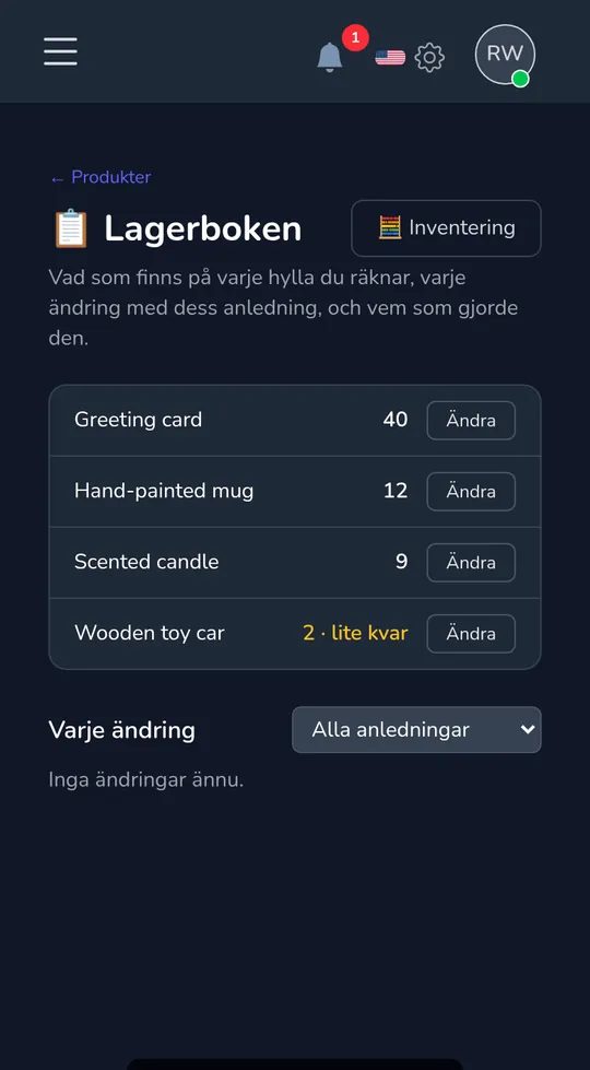 Lagerboken på en telefon: fyra produkter med sina antal, en markerad "få kvar".