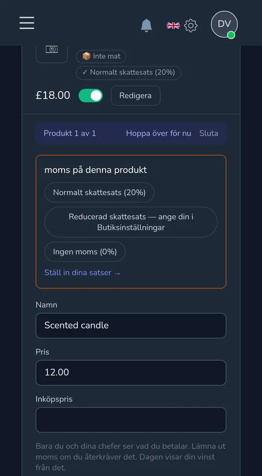 En produkt på en telefon som frågar "Försäljningsskatt på denna produkt" med standard, reducerad och ingen försäljningsskatt.
