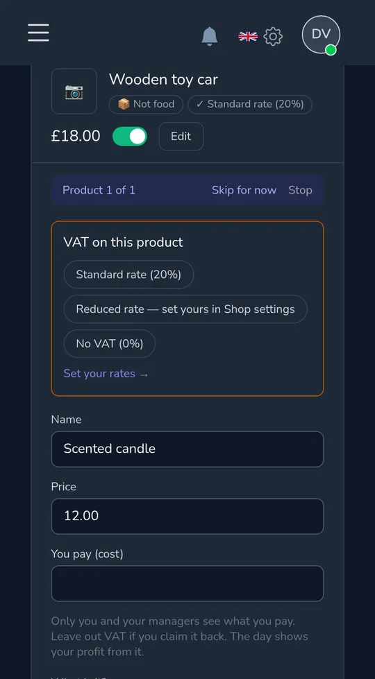 A product on a phone asking "Sales tax on this product" with standard, reduced and no sales tax.