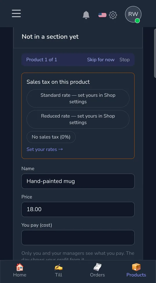 A product on a phone asking "Sales tax on this product" with standard, reduced and no sales tax.