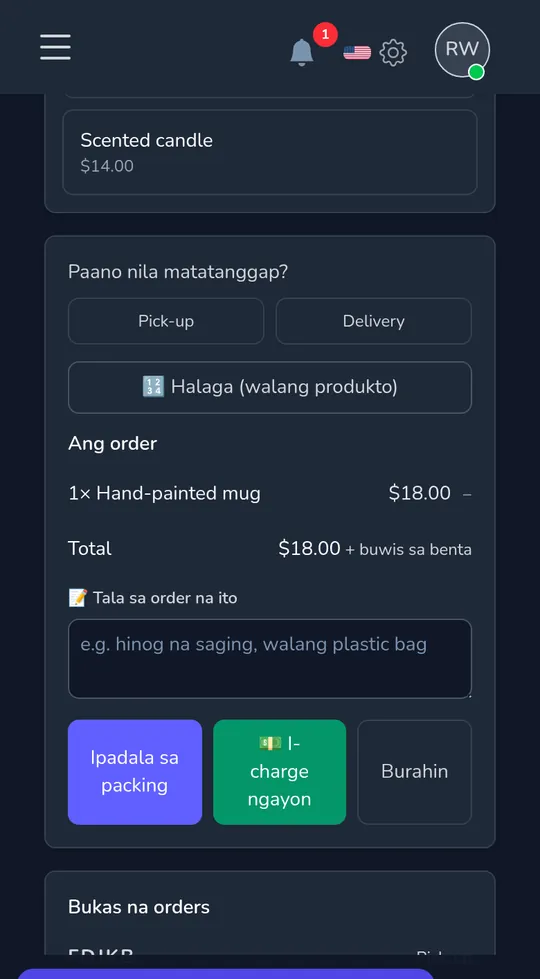Ang till sa phone: isang hand-painted mug, ang total, at ang mga button para ipadala para sa packing o i-charge ngayon.