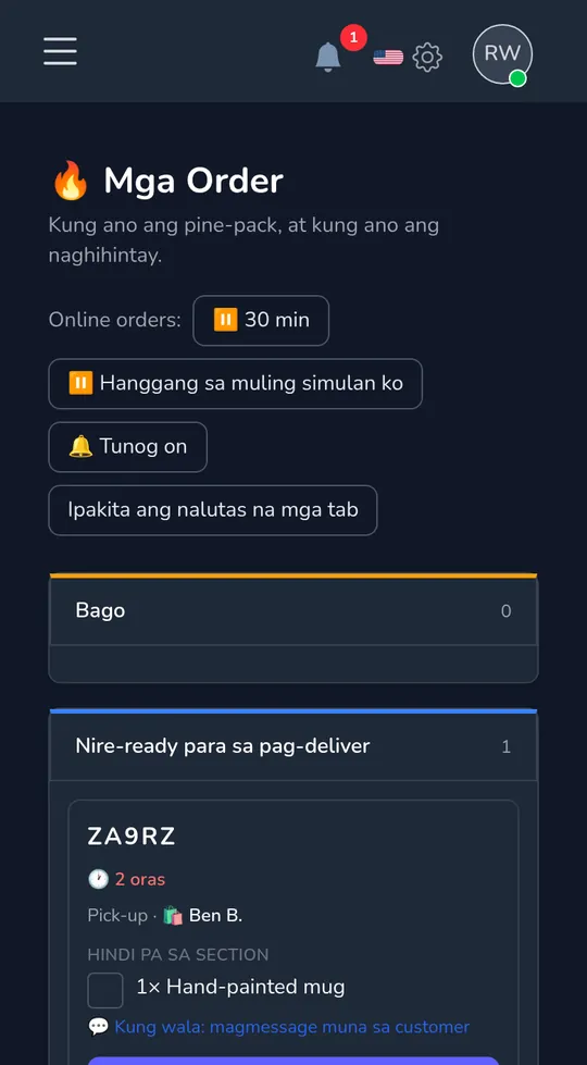 Ang orders board sa phone: isang bagong pick-up order mula sa customer, na may "Magsimula ng packing".