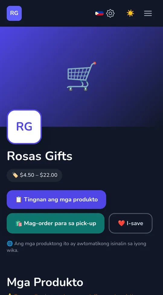 Sariling page ng tindahan sa phone: ang pangalan ng tindahan, "Order para sa pick-up" at ang mga produkto nito.