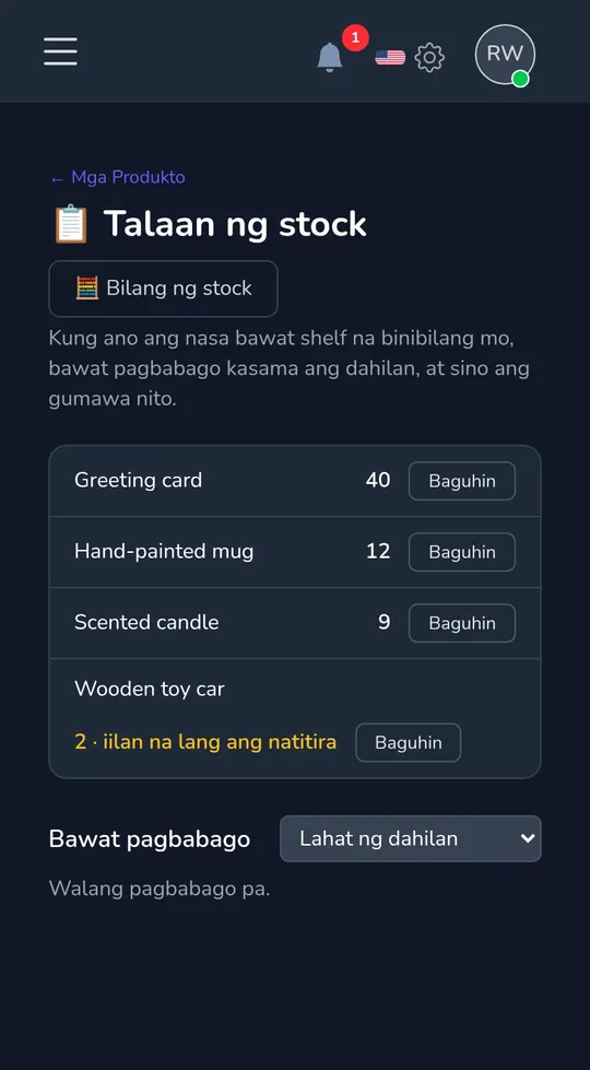 Ang stock book sa isang phone: apat na produkto kasama ang kanilang bilang, isang minarkahan ng "konti na lang".