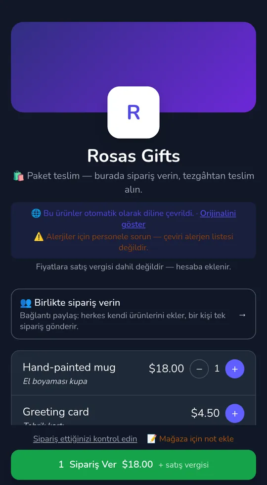 Dükkan sayfasında müşterinin sepeti: 18,00 TL'de bir bardak ve "Siparişi gönder" düğmesi, toplam yanında "+ satış vergisi" ile.