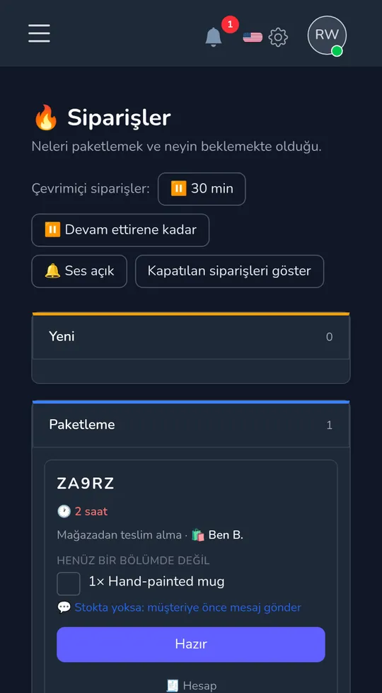 Telefondan siparişler panosu: bir müşteriden gelen yeni teslim alma siparişi, "Paketlemeyi başlat" ile.