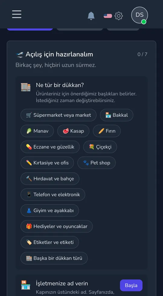 Telefondan dükkan türünü seçme: bakkal, manav, çiçekçi, hediyelik eşya ve oyuncaklar ve daha fazlası.