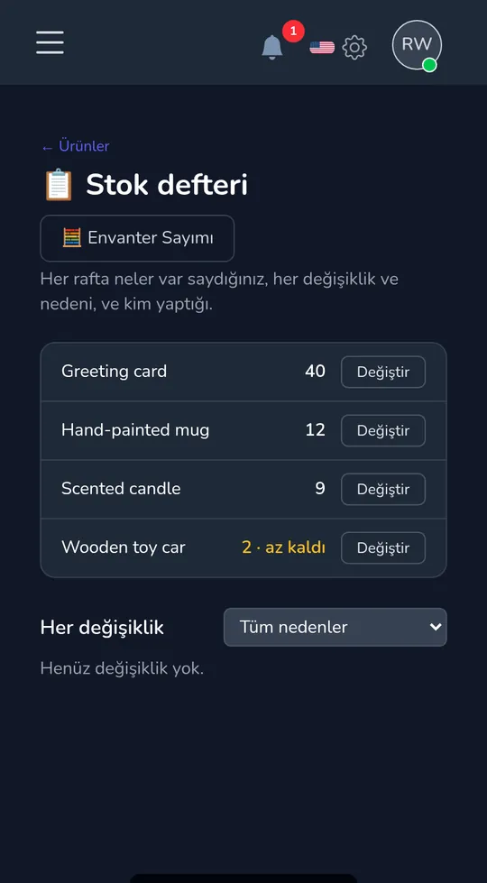 Telefondaki stok defteri: sayıları ile dört ürün, biri "az kaldı" olarak işaretlenmiş.