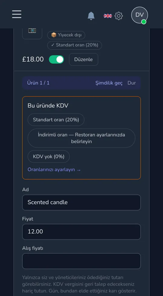 Telefondan bir ürün "Bu üründe satış vergisi" ile soran standart, düşük ve satış vergisi yok seçeneği ile.